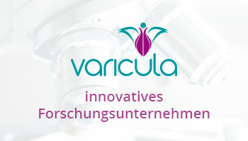 Eine Werbeanzeige für das Forschungsunternehmen Varicula. Auf ihr ist der Text "innovatives Forschungsunternehmen" zu lesen. Der Hintergrund zeigt das Logo mit der Nahaufnahme von Objektiven eines Mikroskopes.