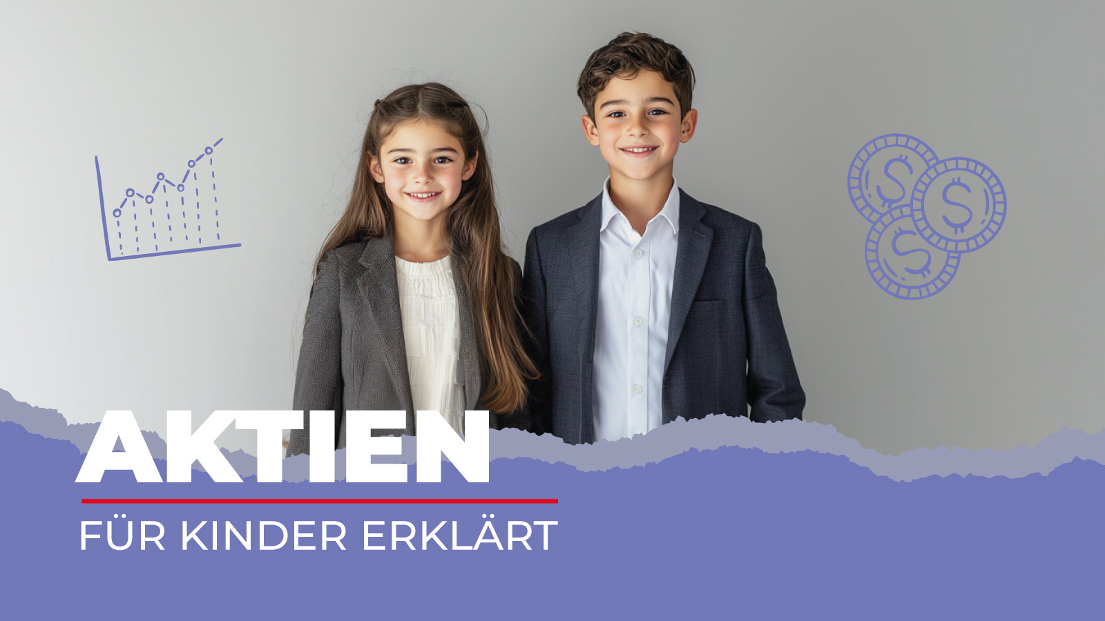 Auf dem Bild sind zwei Kinder und die Überschrift Aktien für Kinder erklärt.