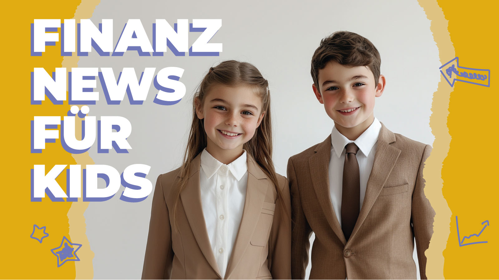 Zwei Kinder, gut gekleidet, ein Mädchen 9 Jahre dunkelblonde lange Haare und ein Junge 11 Jahre braune kurze Haare. Stehen beide nebeneinander und präsentieren ein Thema Finanzen für Kinder. Beide haben ein braunes Sakko an und tragen ein weißes Hemd darunter. Dieses mal geht es um den Goldpreis und die Warnung der EZB. Im Hintergrund sieht man einen dicken weißen Schriftzug Finanz-News für Kids. Der Hintergrund ist gelb und grau.
