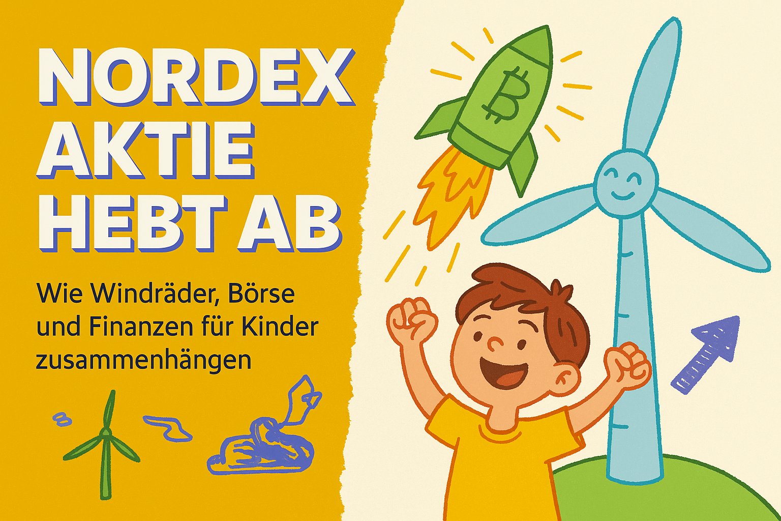 Nordex Aktie steigt nach Großauftrag Finanzen für Kinder Boersennews Illustration zeigt Kind mit Windrad, Rakete und Börsenpfeil – Nordex Aktie steigt. Kindgerechte Börsennews erklären Finanzen für Kinder spielerisch mit Fokus auf erneuerbare Energien und Aktienmarkt.