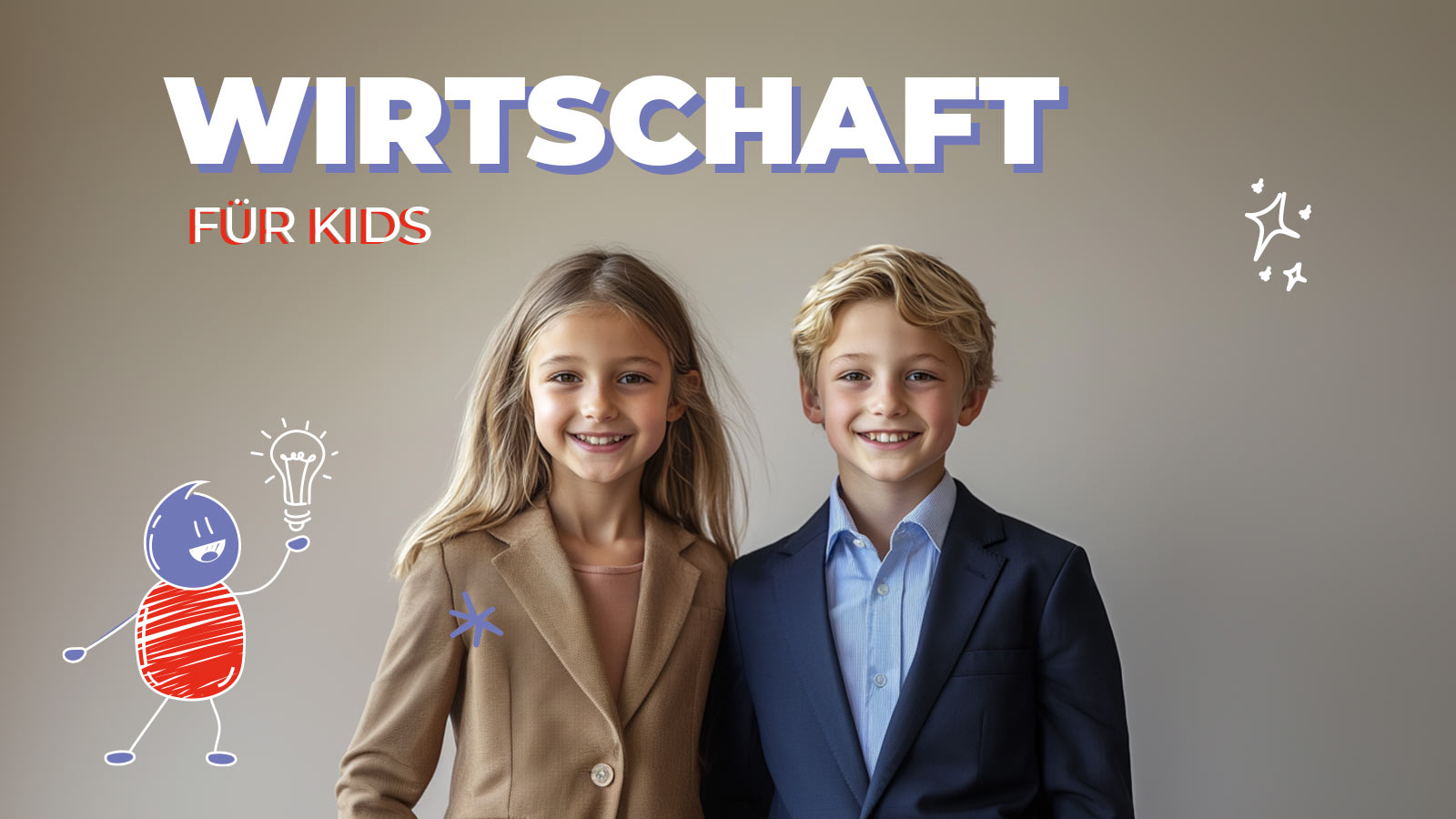 Superreiche in Deutschland Wirtschaft für Kinder Infos Unter News Das Bild zeigt zwei Kinder im Grundschul- oder frühen Teenageralter, die in eleganter Businesskleidung nebeneinander stehen und freundlich in die Kamera lächeln. Das Mädchen trägt einen beigefarbenen Blazer, das blonde Jungen einen dunkelblauen Anzug mit hellblauem Hemd. Beide wirken selbstbewusst, klug und sympathisch. Der Hintergrund ist neutral in Beige-Grau gehalten. Um sie herum sind kindgerechte Illustrationen eingefügt: eine gezeichnete Glühbirne, ein kleiner Comic-Charakter in Blau und Rot mit erhobenem Arm, sowie weiße Sternchen und grafische Dekoelemente. Oben im Bild steht in großer Schrift: „WIRTSCHAFT FÜR KIDS“. Die Buchstaben sind weiß mit einem Schatten in Blau und Rot. Das gesamte Bild vermittelt spielerisches Lernen, kindgerechtes Wissen und den Zugang zur Welt der Wirtschaft für junge Zielgruppen.