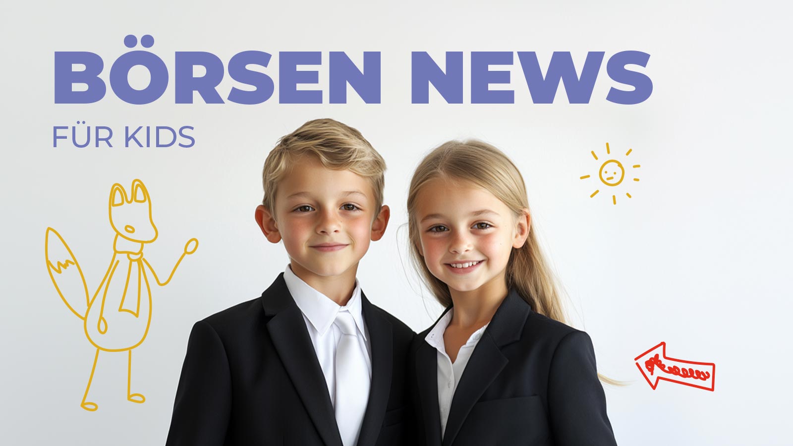 Zwei Kinder im Anzug stehen lächelnd vor neutralem Hintergrund mit bunten Illustrationen, Symbol für spielerische Finanzbildung für Kinder und kindgerechte Börsen-News.