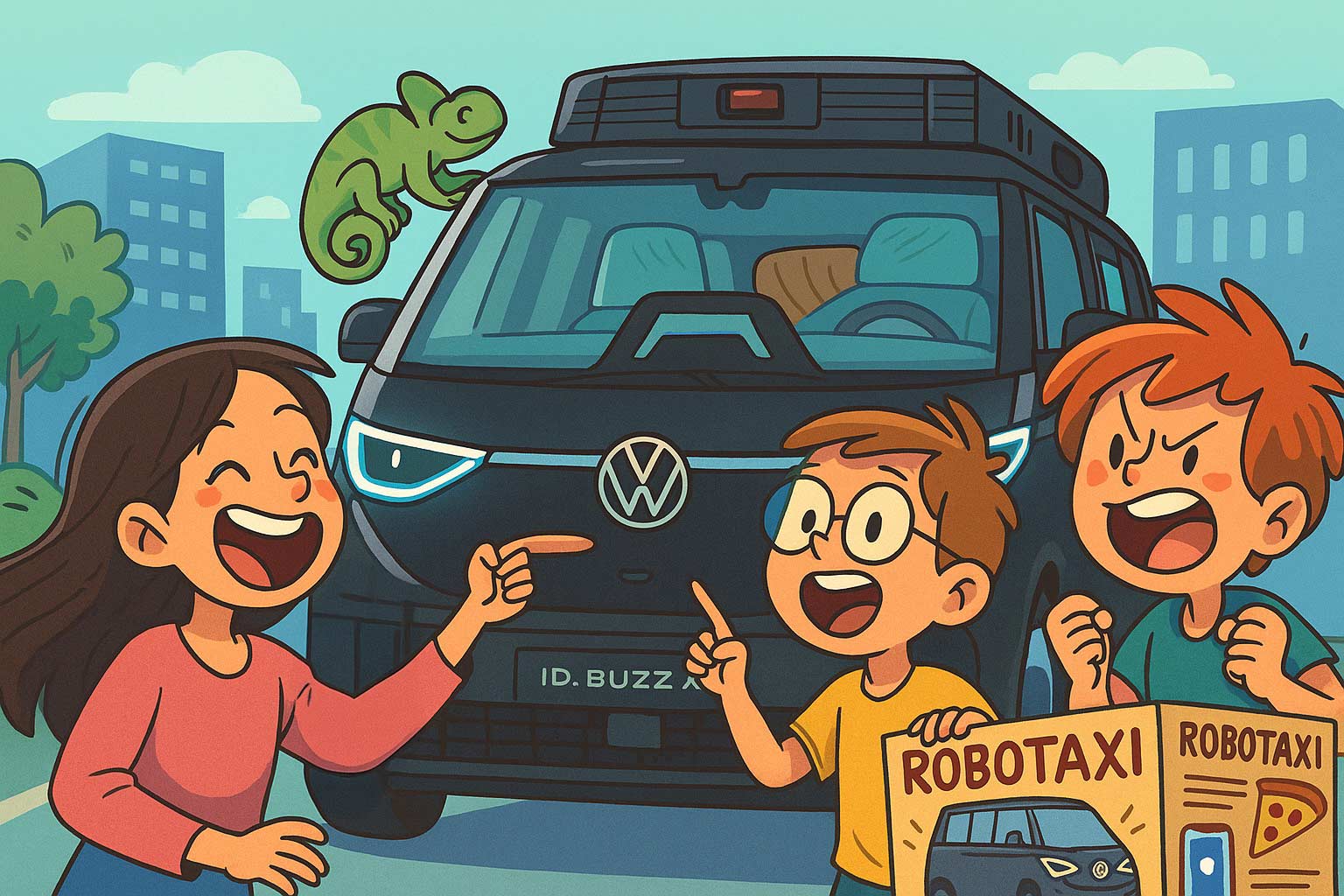 VW bringt Robotaxi auf die Straße – Wirtschaft für Kinder ab 8 bis 13 Jahren einfach erklärt Fröhliche Kinder stehen vor dem autonomen VW ID. Buzz AD Robotaxi, zeigen begeistert auf das futuristische Fahrzeug mit Sensoren und Chameleon auf dem Dach – kindgerechte Szene zur Mobilität der Zukunft und zur Wirtschaft einfach erklärt.