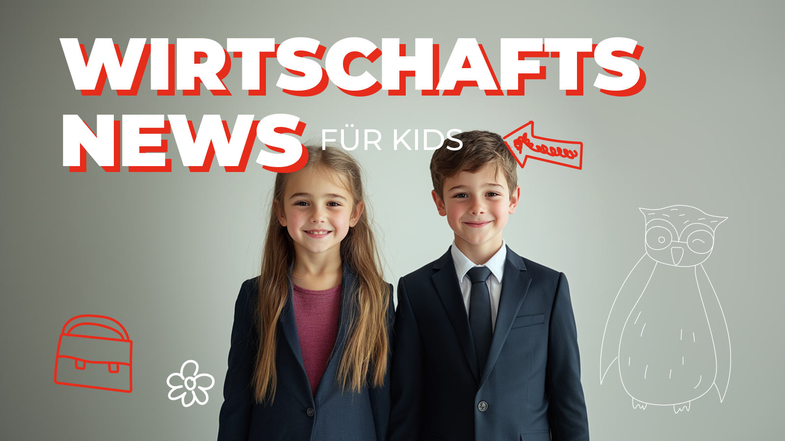 Zwei Kinder im Anzug und Kostüm stehen vor einer Wand mit der Aufschrift „Wirtschafts News für Kids“, umgeben von gezeichneten Symbolen wie Eule, Pfeil und Aktenkoffer – fröhliches Motiv für kindgerechte Wirtschaftsnachrichten.