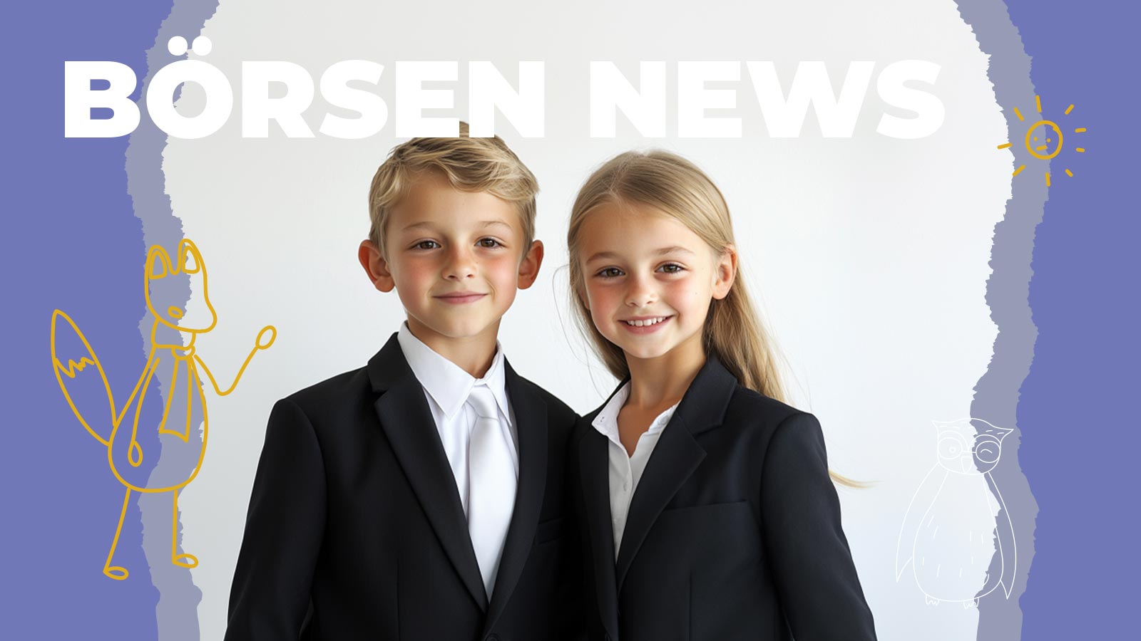 Zalando Aktie im Tiefflug Boersen News Finanzen fuer Kinder Infos Unter Zwei Kinder im schwarzen Anzug und weißem Hemd stehen lächelnd nebeneinander vor einem hellen Hintergrund mit dem Schriftzug „Börsen News“. Das Bild symbolisiert kindgerechte Finanzbildung, spielerisches Börsenwissen und vermittelt die Idee, dass Kinder Wirtschaft und Finanzen verstehen können. Perfekt für Beiträge rund um Finanzen für Kinder, Wirtschaftsnachrichten, Kinderbildung und familienfreundliche Börsenthemen.