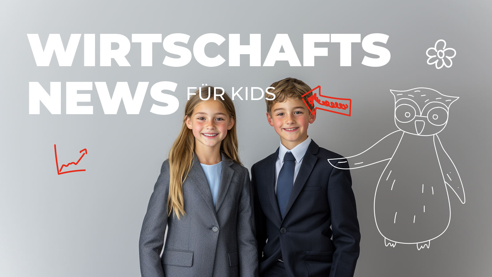 Zwei Kinder im Business-Outfit lächeln vor grauem Hintergrund mit dem Schriftzug „Wirtschafts-News für Kids“ – kindgerechte Wirtschaftserklärung mit Spaßfaktor.