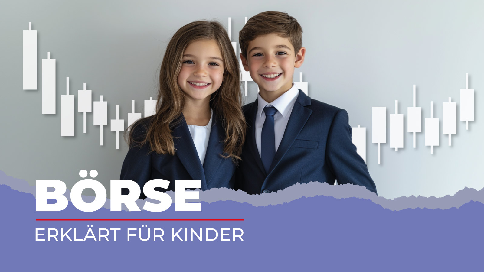Auf dem Bild sind zwei Kinder und die Überschrift Börse für Kinder erklärt.