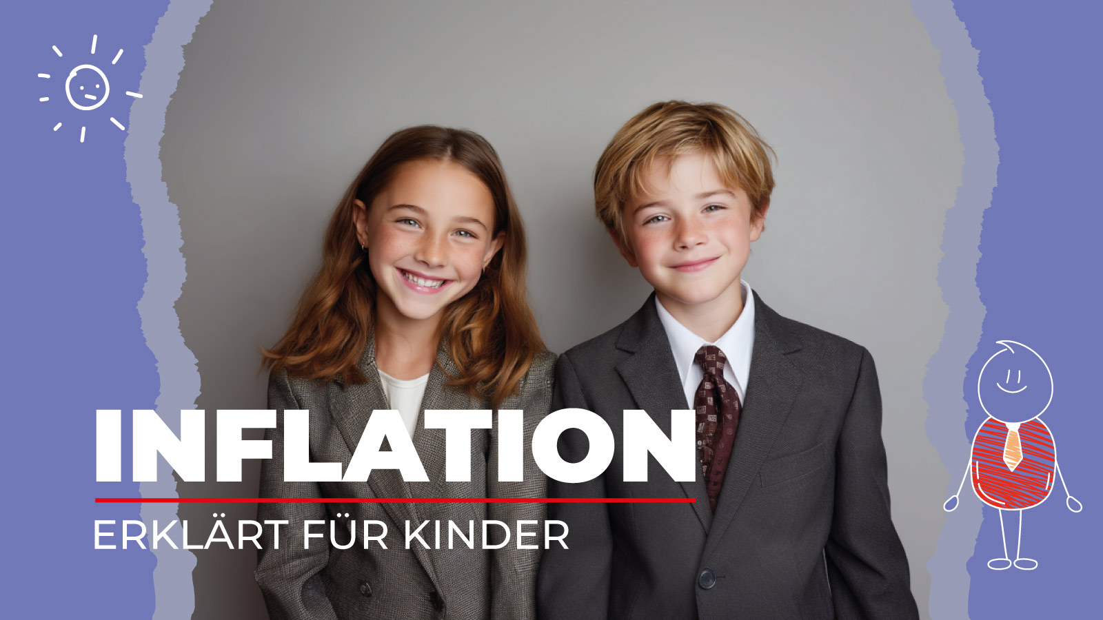 Auf dem Bild sind zwei Kinder und die Überschrift Inflation erklärt für Kinder mit Infos Unter