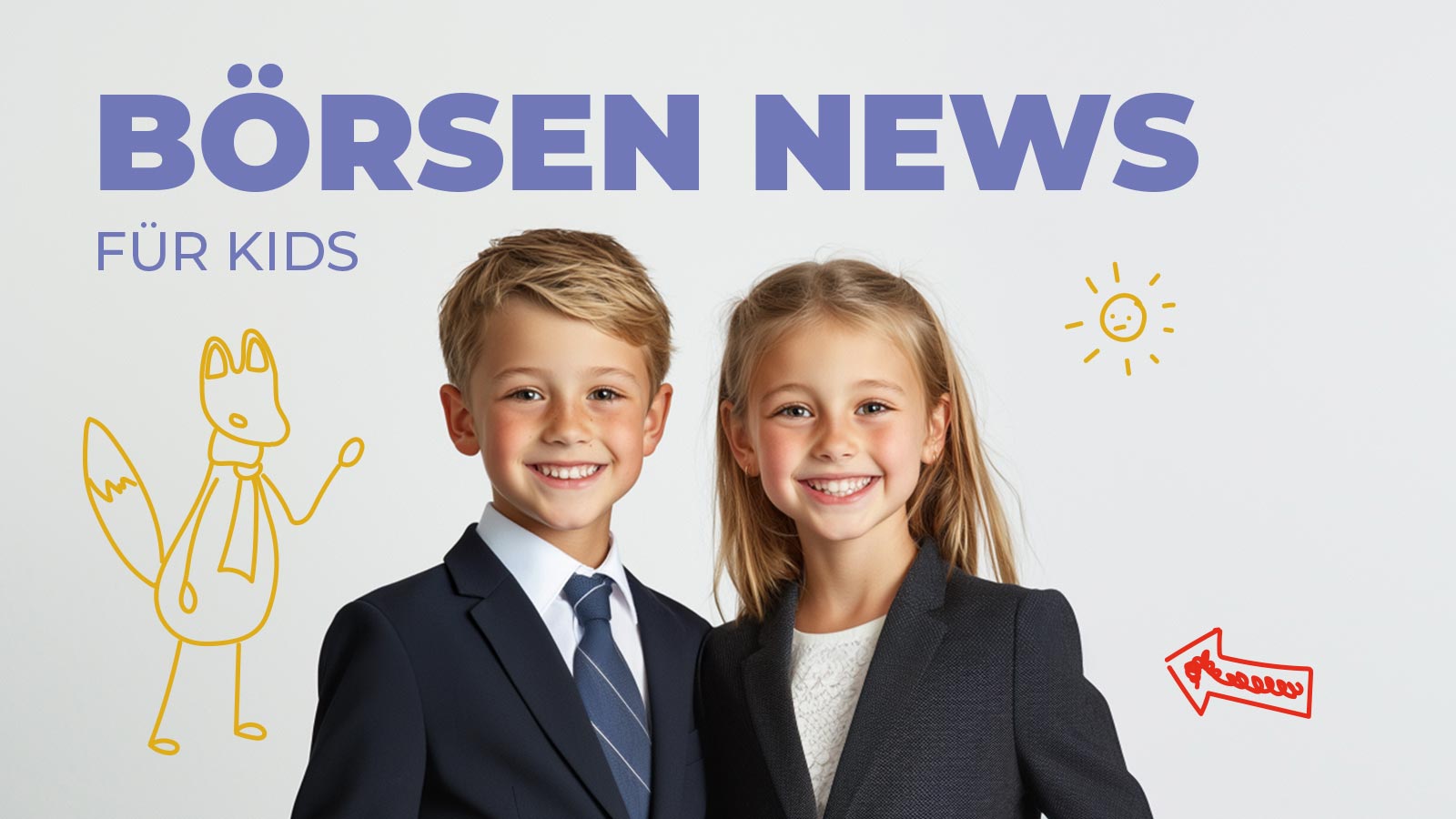 Alibaba Aktie im Fokus KI Investitionen Cloud Ausbau und Finanzwissen für Kinder Zwei lächelnde Kinder im Anzug vor hellem Hintergrund mit buntem Text „Börsen News für Kids“ – links ein gezeichneter Fuchs mit Krawatte, rechts eine Sonne und ein roter Pfeil. Symbolbild für kindgerechte Börsennachrichten und Finanzbildung.