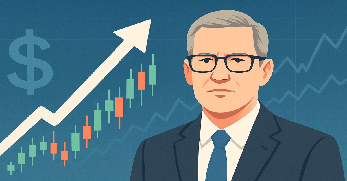 Illustration eines seriösen Managers im Anzug vor einem Hintergrund mit Börsencharts, Dollarzeichen und Aufwärtstrend – Symbolbild für Führungswechsel und stabile Aktienmärkte.