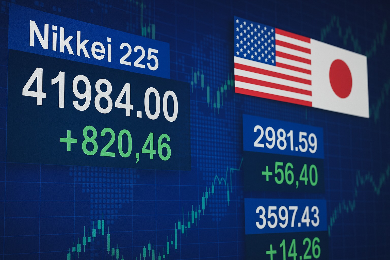 Digitale Börsentafel mit steigenden Kursen des Nikkei 225, Topix und Shanghai Composite nach einem Handelsabkommen zwischen den USA und Japan