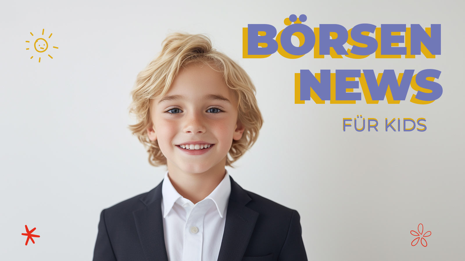 Fröhlicher Junge im Anzug vor hellem Hintergrund mit der Aufschrift „Börsen News für Kids“ kindgerechtes Bild zur Erklärung von Wirtschaftsthemen wie der BASF Aktie und aktuellen Börsennews für Kinder.