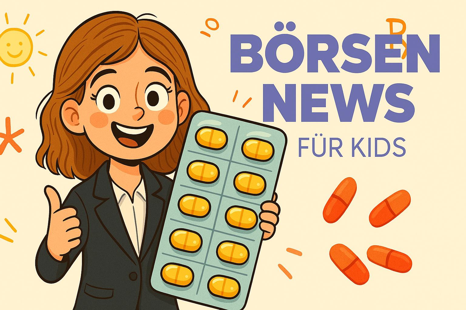 Bayer Aktie Boerse Kinderwissen Finanzen für Kinder Infos Unter Fröhliche Illustration mit einem lächelnden Mädchen im Business-Outfit vor hellem Hintergrund, ergänzt durch kindgerechte gezeichnete Symbole wie Sonne, Lupe und Diagramm – passend zu einem Börsenthema für Kinder.