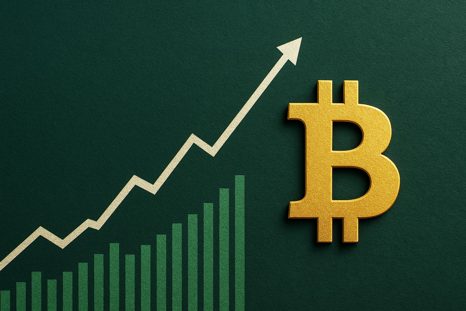 Goldenes Bitcoin-Symbol mit steigendem Kursverlauf auf grünem Hintergrund mit feiner Textur und Balkendiagramm – Symbolbild für wachsende Bitcoin-Bewertung.