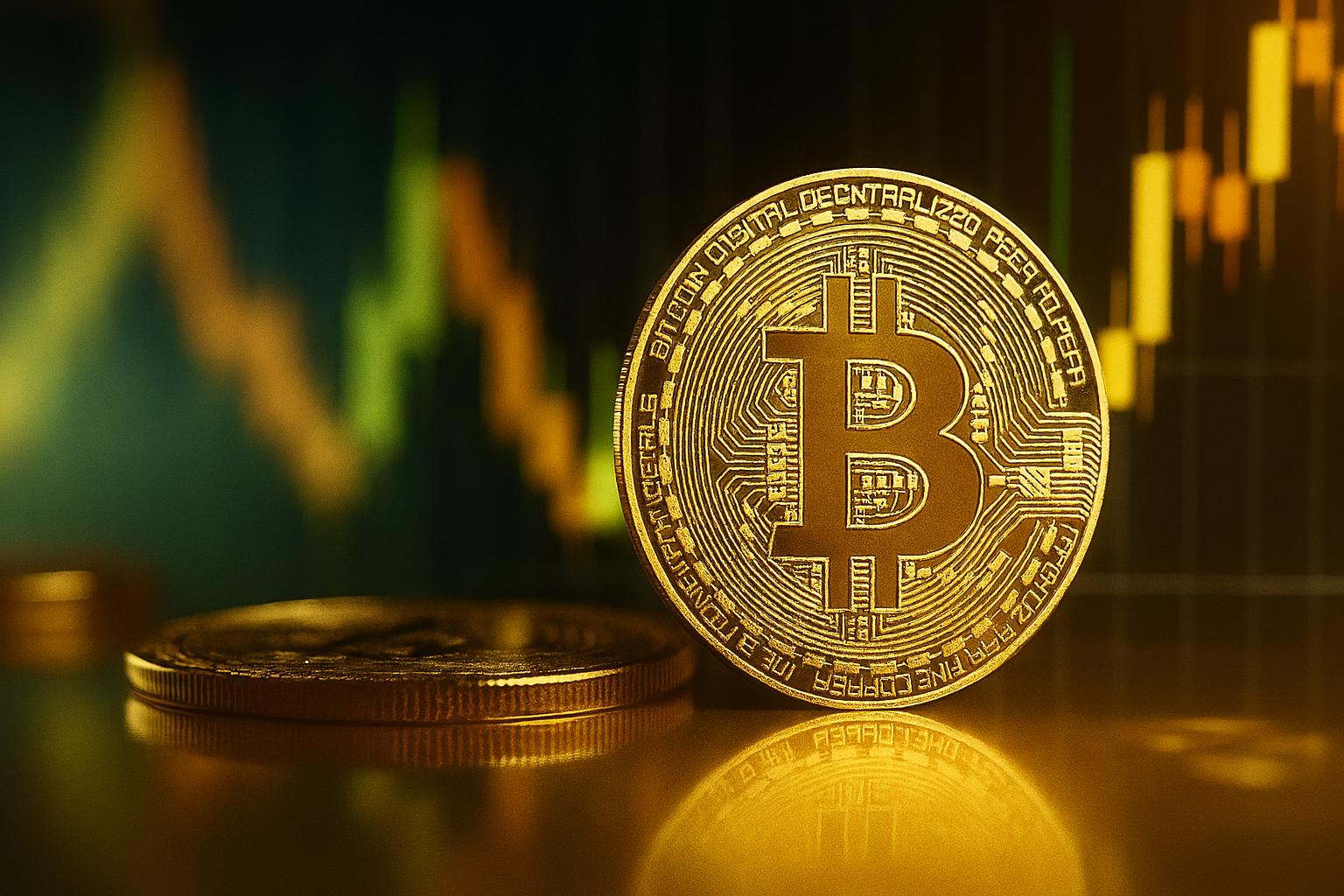 Goldene Bitcoin-Münze im Vordergrund vor einem unscharfen Hintergrund mit steigenden Kursdiagrammen in Grün und Orange; warme Lichtstimmung symbolisiert den Aufschwung am Kryptomarkt.