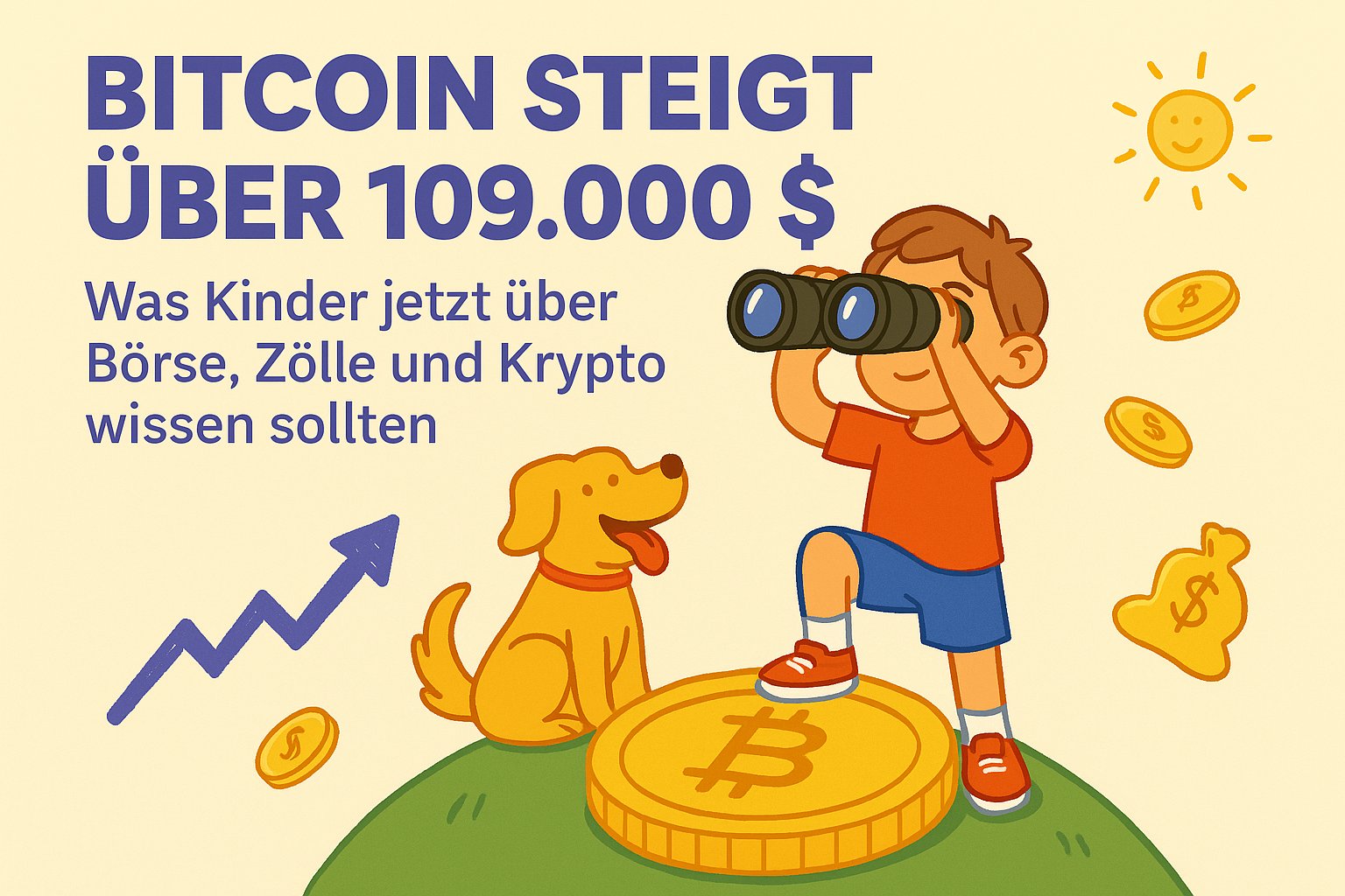 Bitcoin über 109.000 Dollar Finanzen Börse Krypto für Kinder erklärt Ein Kind steht mit Fernglas auf einem stilisierten Bitcoin-Berg und blickt neugierig in die Ferne. Im Hintergrund sind freundliche Wolken, ein stilisierter Himmel und wirtschaftliche Symbole zu sehen – eine kindgerechte Illustration, die spielerisch das Interesse an Finanzen und Kryptowährungen weckt.