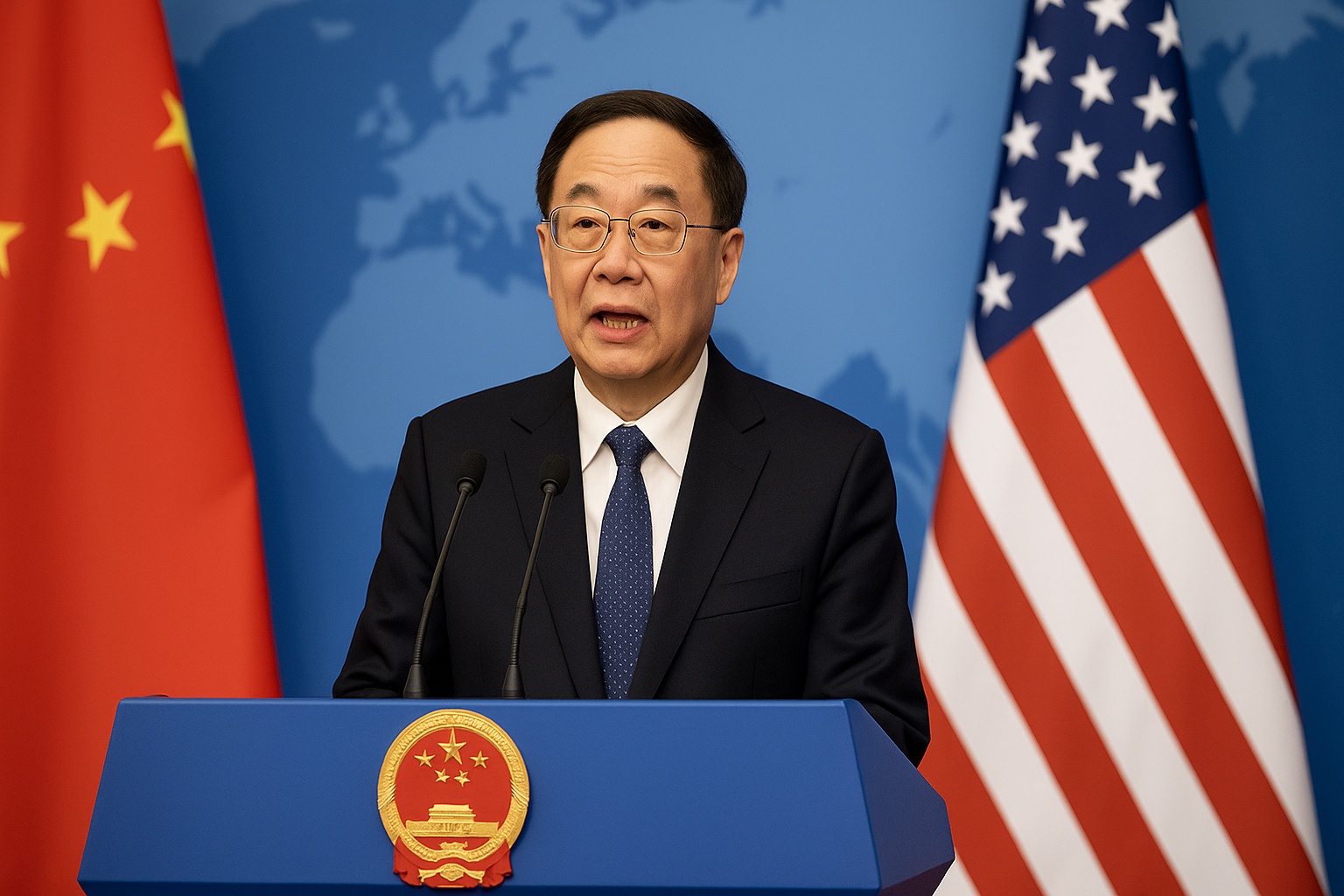 Chinesischer Vizepremierminister bei einer Pressekonferenz, stehend hinter einem Rednerpult mit dem Staatswappen Chinas. Im Hintergrund die Flaggen Chinas und der USA sowie eine stilisierte Weltkarte – symbolisch für den geopolitischen Handelskonflikt.