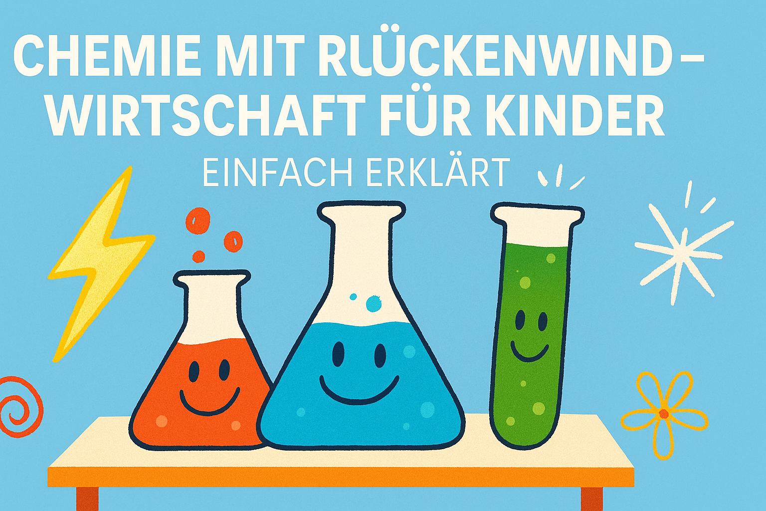 Buntes Cartoon-Bild mit drei lächelnden Reagenzgläsern in Orange, Blau und Grün auf einem Labortisch. Darüber steht der Titel: ‚Chemie mit Rückenwind – Wirtschaft für Kinder einfach erklärt‘. Umgeben von Symbolen wie Blitz, Sternen und Spiralen auf blauem Hintergrund.