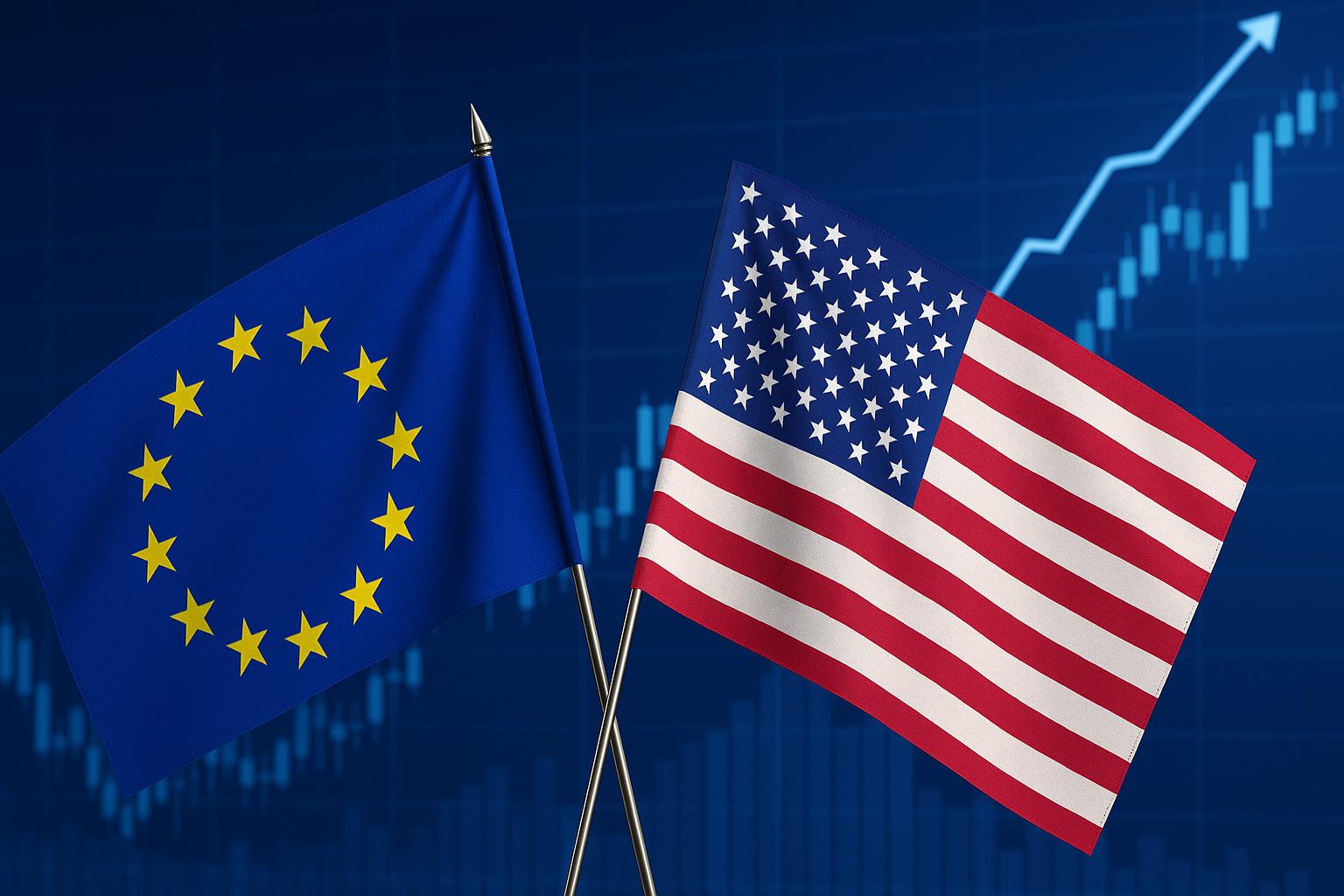 Zwei Fahnen – die der Europäischen Union und der Vereinigten Staaten – stehen gekreuzt vor einem Hintergrund mit einem aufsteigenden Börsenchart. Die Szene symbolisiert ein wachsendes Handelsbündnis und positive Marktbewegungen infolge wirtschaftspolitischer Einigung.
