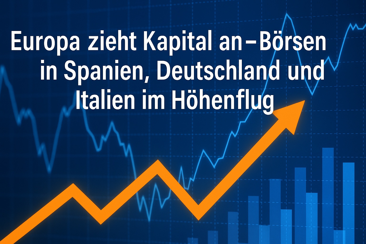 Grafik mit aufsteigendem Börsenchart und orangefarbener Wachstumskurve, darüber der Schriftzug „Europa zieht Kapital an“ – symbolisiert den aktuellen Aufwärtstrend europäischer Aktienmärkte.