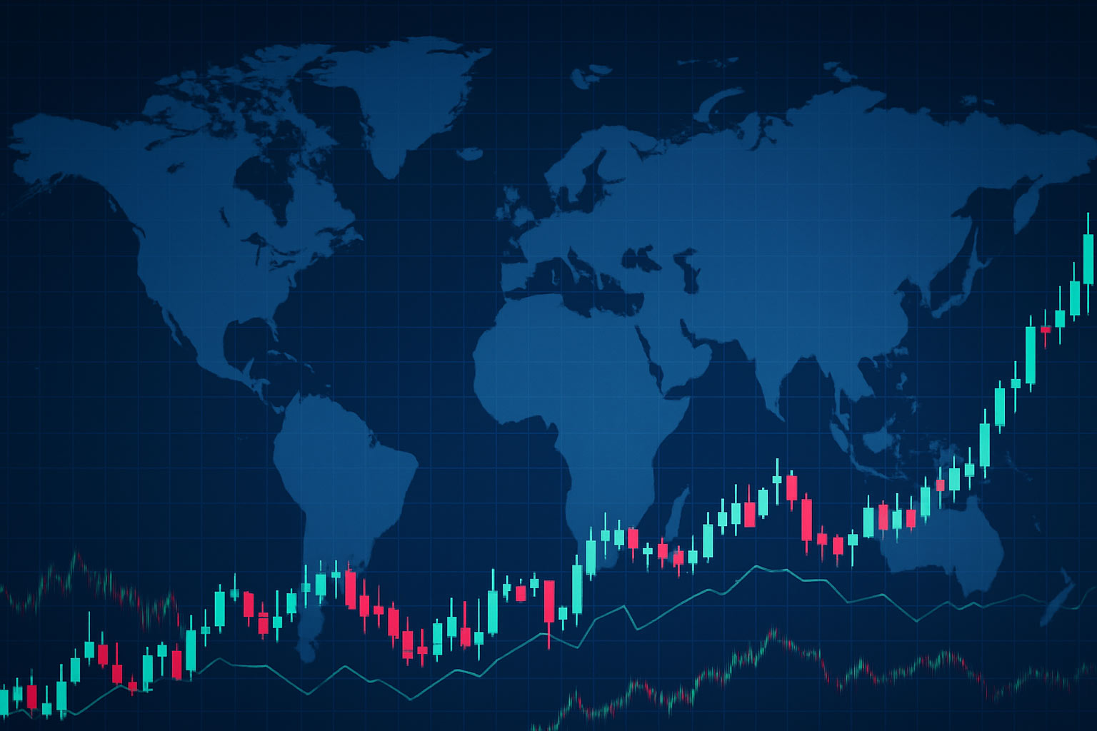 Weltkarte mit Finanzdiagrammen im Hintergrund zeigt globale Marktentwicklung vor wichtigen Zinsentscheiden in den USA, Japan und Kanada.