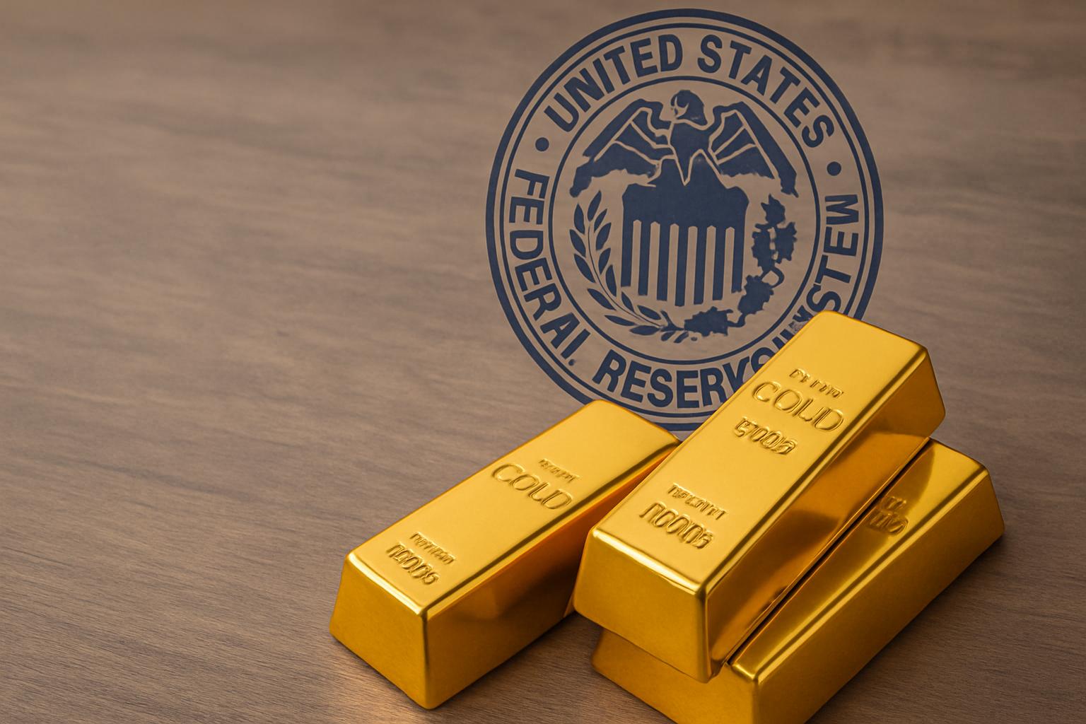 Drei glänzende Goldbarren liegen auf einem Holztisch. Im Hintergrund ist das Siegel der US-Notenbank Federal Reserve sichtbar, leicht verschwommen. Die Szene symbolisiert die Verbindung zwischen Geldpolitik und dem Goldpreis.