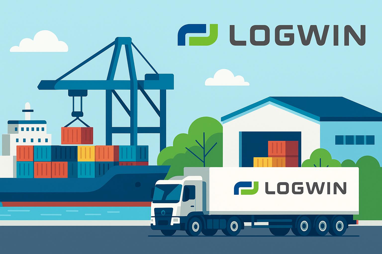 Freundliche, moderne Illustration zeigt eine Logistikszene mit Containerschiff, Lagerhalle und LKW. Das Logwin-Logo ist sichtbar, passend zu den Geschäftsbereichen Air + Ocean und Solutions.