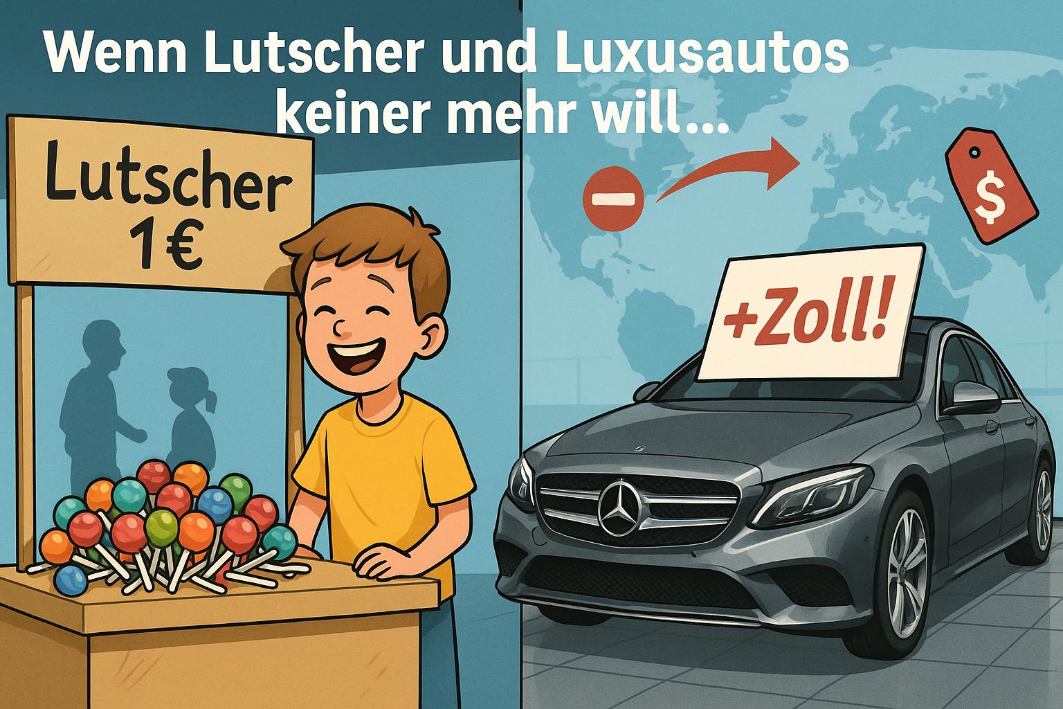 Eine Grafik, ein Kind verkauft Lutscher. Ein Mercedes auf der rechten Seite. Im Hintergrund die Weltkarte und ein Zoll-Schild.