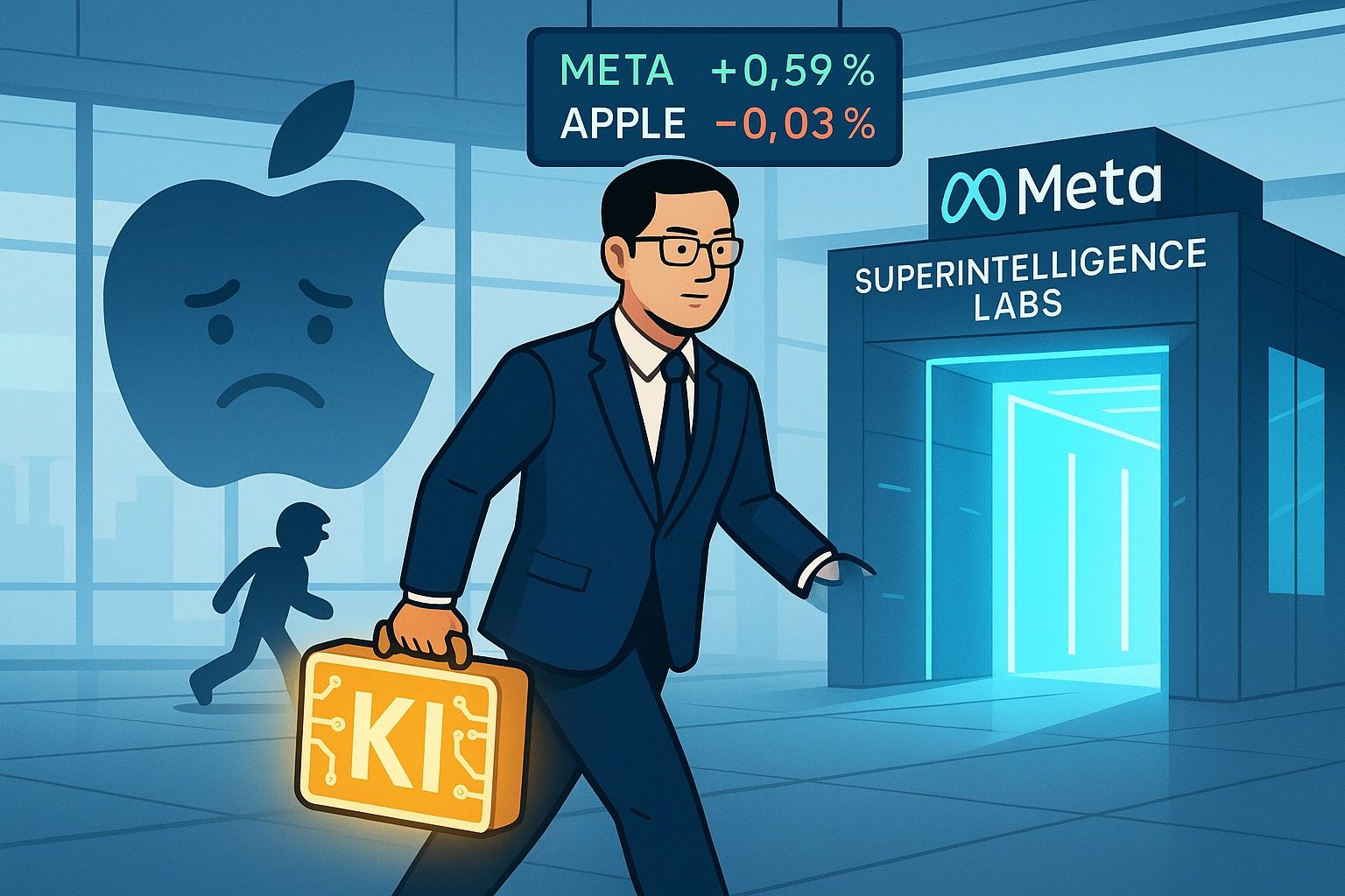 Ein Geschäftsmann trägt einen leuchtenden KI-Koffer durch ein modernes Foyer. Links verblasst das Apple-Logo, rechts leuchtet das Meta-Gebäude mit dem Schriftzug „Superintelligence Labs“. Symbolbild für den Wechsel von KI-Experte Ruoming Pang von Apple zu Meta.