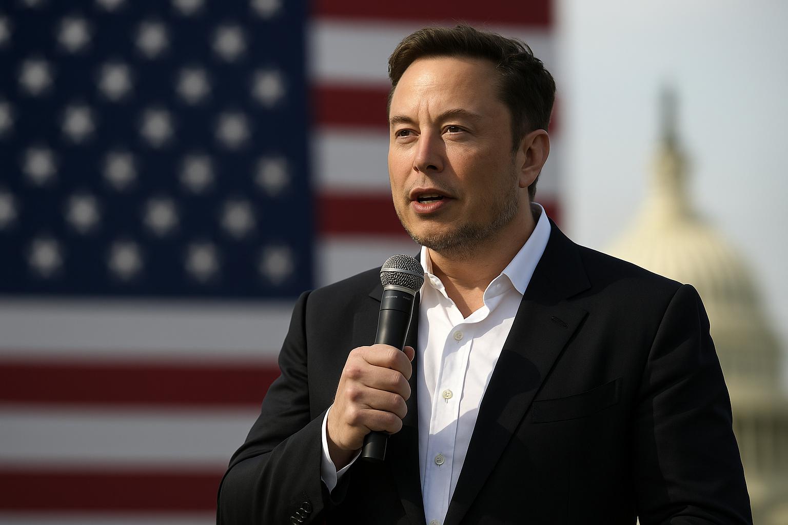 Elon Musk hält eine Rede im Freien, mit Mikrofon in der Hand, im Hintergrund sind eine US-Flagge und das Kapitol zu sehen.
