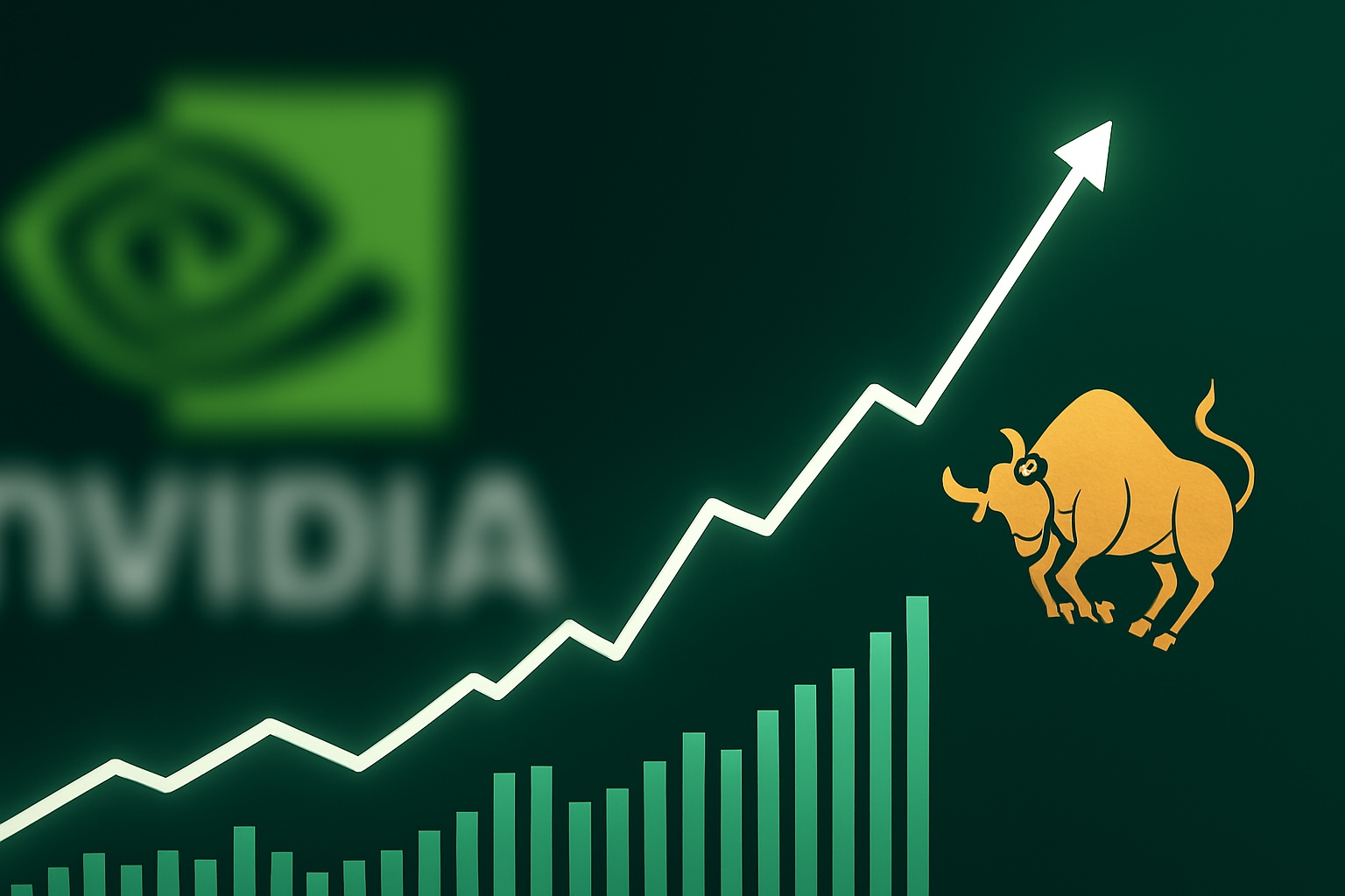 Börsengrafik mit steigendem Kursverlauf, unscharfem NVIDIA-Logo im Hintergrund und goldener Bullenfigur als Symbol für Optimismus an den Finanzmärkten