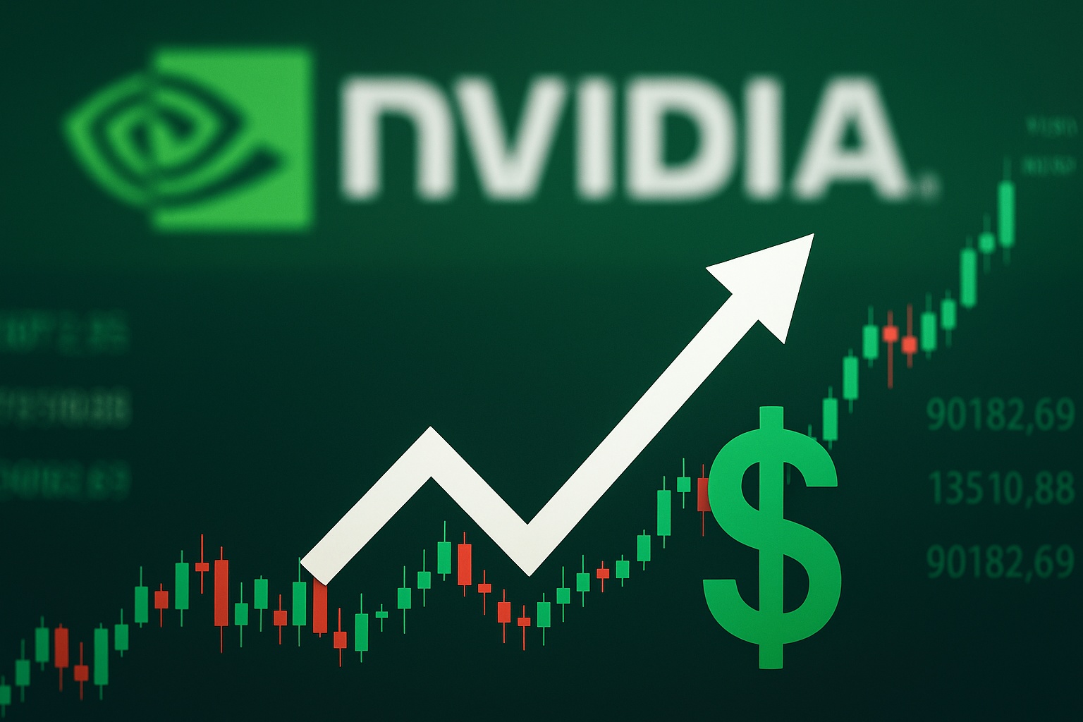 Unscharfes NVIDIA-Logo im Hintergrund mit steigendem Börsenchart, Dollarzeichen und Aufwärtspfeil im Vordergrund – Symbolbild für den Kursanstieg und die Marktmacht von NVIDIA.
