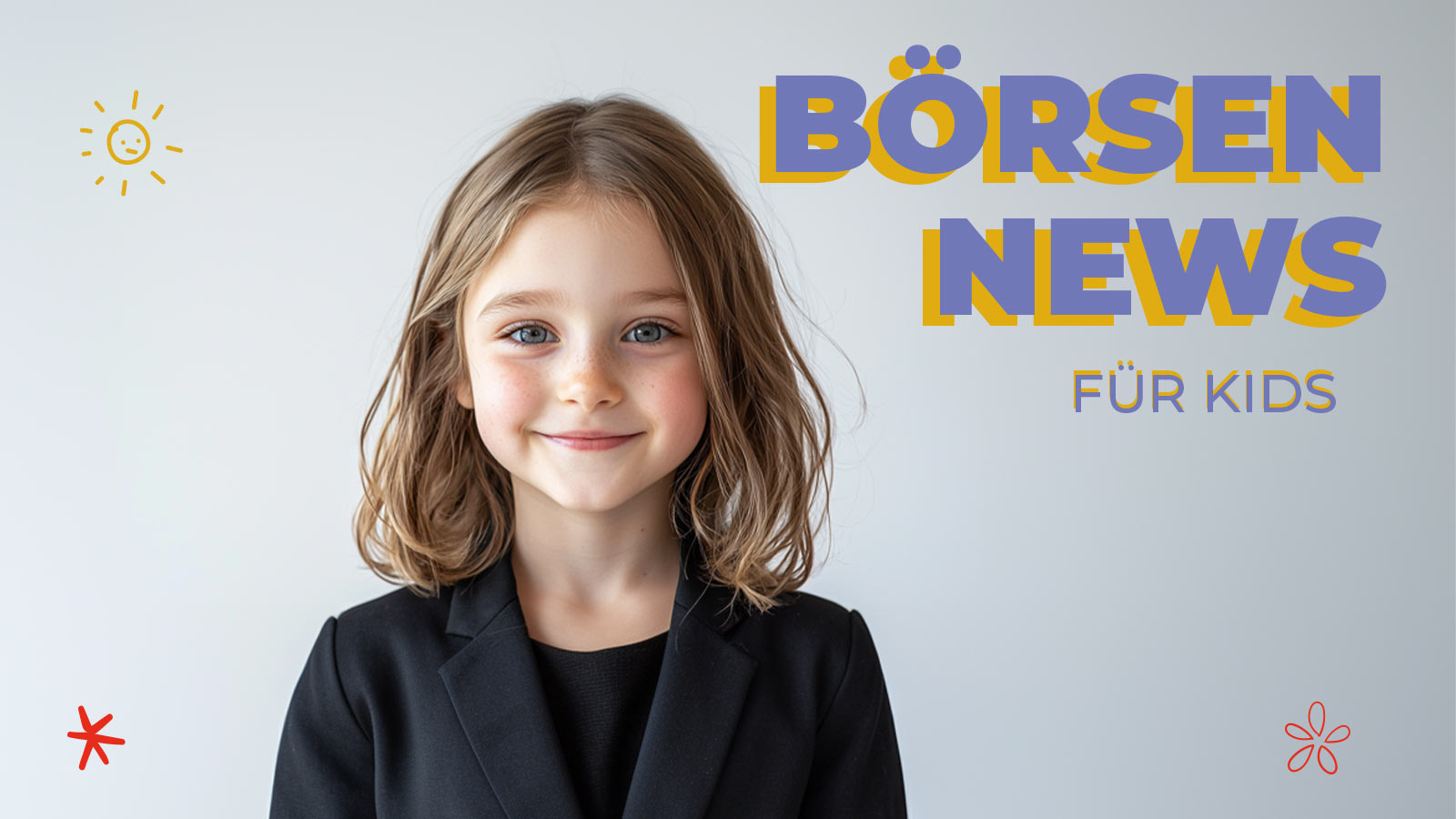Novo Nordisk Aktie Wegovy Update bewegt die Börse heute Finanzen für Kinder Fröhliches Mädchen im Business-Outfit vor hellem Hintergrund mit bunter Aufschrift ‚Börsen News für Kids‘ – spielerisch illustriert mit Sonne, Sternchen und kindlichen Elementen. Symbolbild für kindgerechte Finanznachrichten und wirtschaftliche Bildung.