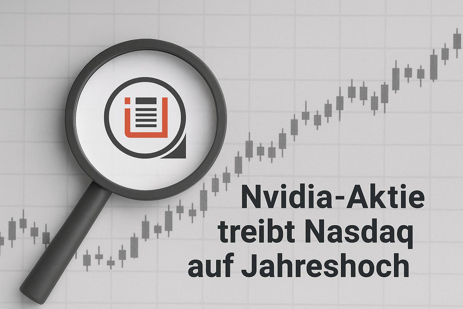 Grafik zur Börsenentwicklung der Nvidia-Aktie mit stilisiertem Börsenchart, modernem Layout in dunklem Grau und Orangeton des Logos, Symbolbild für Technologiewerte und Nasdaq-Höchststand.