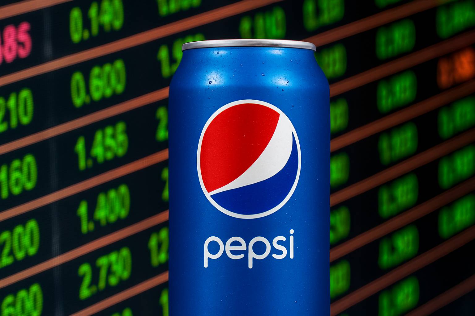 Nahaufnahme einer blauen Pepsi-Dose mit Wassertropfen, stehend vor einem unscharfen digitalen Börsenhintergrund mit grünen Kurszahlen auf schwarzem LED-Display. Die Szene verbindet Markenprodukt und Finanzwelt visuell.