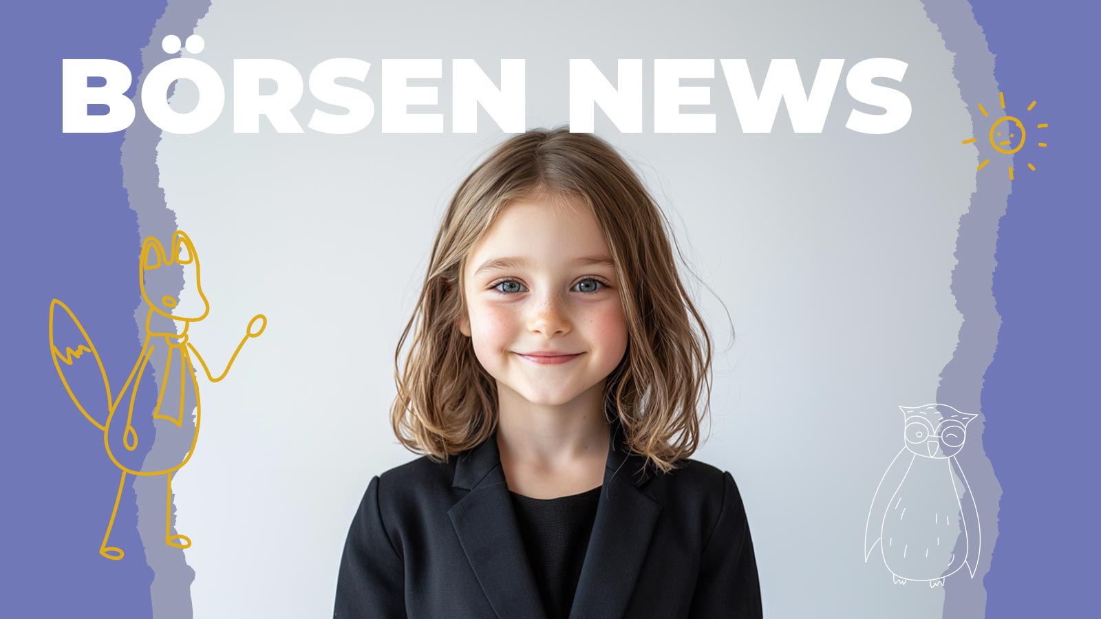Fröhliches Grundschulkind im Business-Outfit präsentiert kindgerecht aufbereitete Börsennachrichten – Finanzen für Kinder spielerisch erklärt mit Börsen-News, Fuchs und Eule als Maskottchen für kindliche Wissensvermittlung rund um Aktien, Geld und Wirtschaft.