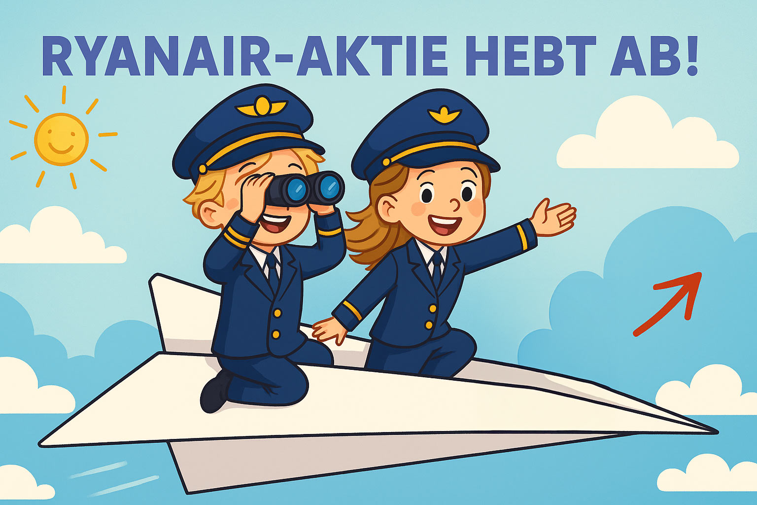 Ryanair-Aktie-hebt-ab-Gewinnboom-Börsenerfolg-einfach-erklärt-für-Kinder Illustration eines fröhlichen Kindes mit Fernglas auf einem Papierflieger, umgeben von Wolken und blauer Himmel – symbolisiert Neugier auf Aktien, Finanzen und Börsennachrichten für Kinder.