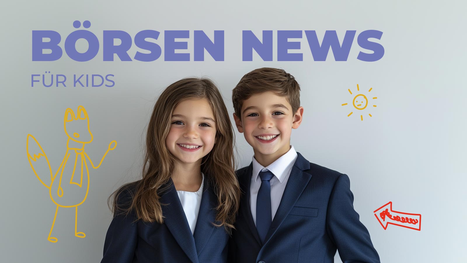 Zwei fröhlich lächelnde Kinder in Anzügen stehen nebeneinander vor hellem Hintergrund. Daneben steht in bunter, kindgerechter Schrift „Börsennews für Kids“. Um sie herum sind gezeichnete Elemente wie ein Fuchs mit Krawatte, eine Sonne und ein roter Pfeil zu sehen – kindlich, freundlich und passend zum Thema Finanzwissen für Kinder.