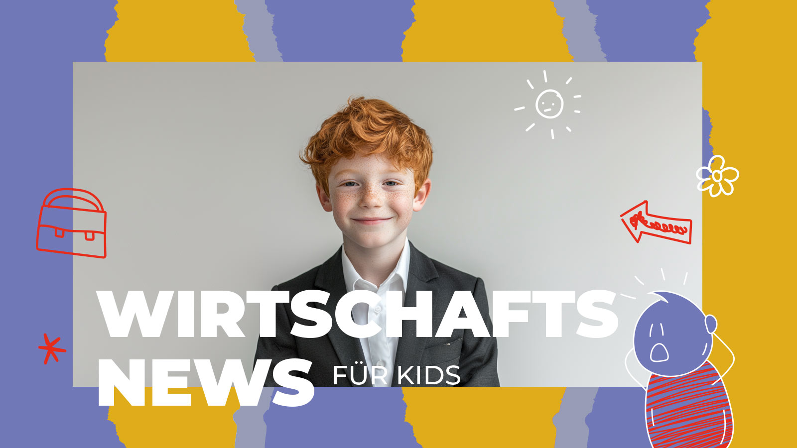 Bunte Illustration mit einem lachenden Jungen im Anzug, umgeben von kindlichen Zeichnungen wie einer Aktentasche, Sonne, Pfeil und Sternchen. Der Text ‚Wirtschaftsnews für Kids‘ steht groß im Vordergrund. Das Bild gehört zu einem Beitrag über die Stromsteuer-Debatte, einfach erklärt für Kinder.