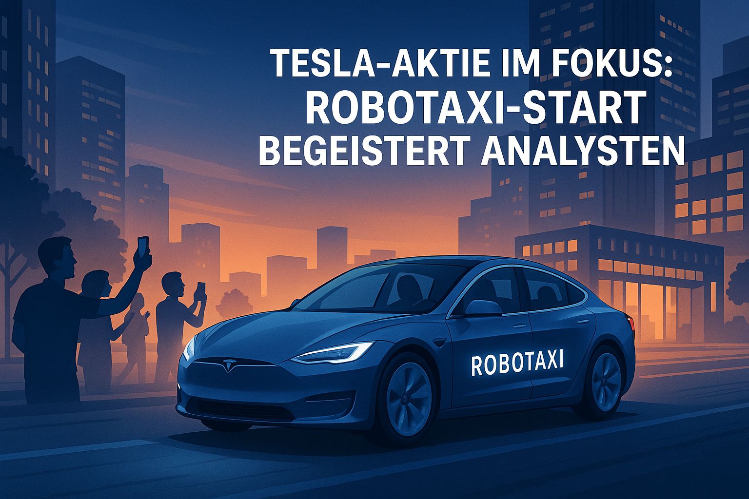Ein Tesla-Robotaxi fährt autonom durch eine beleuchtete Innenstadt bei Sonnenuntergang. Passanten am Straßenrand filmen das Fahrzeug mit ihren Smartphones. Symbolbild für den Start von Teslas Robotaxi-Service und die steigende Aufmerksamkeit rund um die Tesla-Aktie.