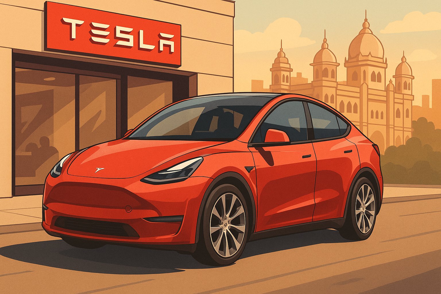Illustration eines roten Tesla Model Y vor einem modernen Tesla-Showroom in Indien, mit stilisierten Elementen traditioneller indischer Architektur im Hintergrund. Die Szene ist in einem warmen, flächigen Designstil gehalten.