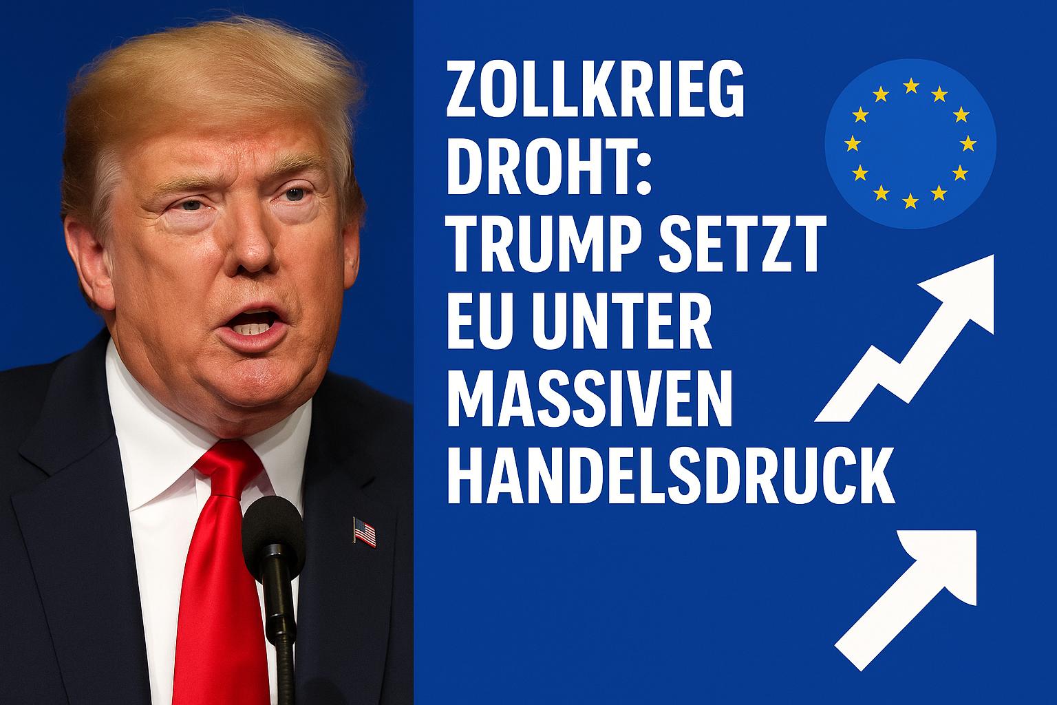 Donald Trump spricht in ein Mikrofon, rechts daneben steht in Großbuchstaben: "Zollkrieg droht: Trump setzt EU unter massiven Handelsdruck". Die EU-Flagge mit 12 Sternen und zwei steigende Pfeile symbolisieren wirtschaftliche Spannungen.