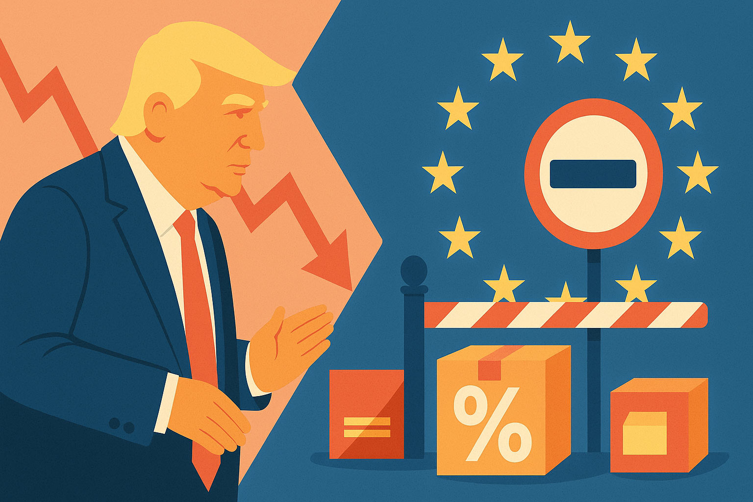 Stilvolle Vektorgrafik zeigt Donald Trump, fallende Börsenkurse und europäische Handelssymbole. Eine visuelle Darstellung der neuen US-Zölle und ihrer Wirkung auf Europa.