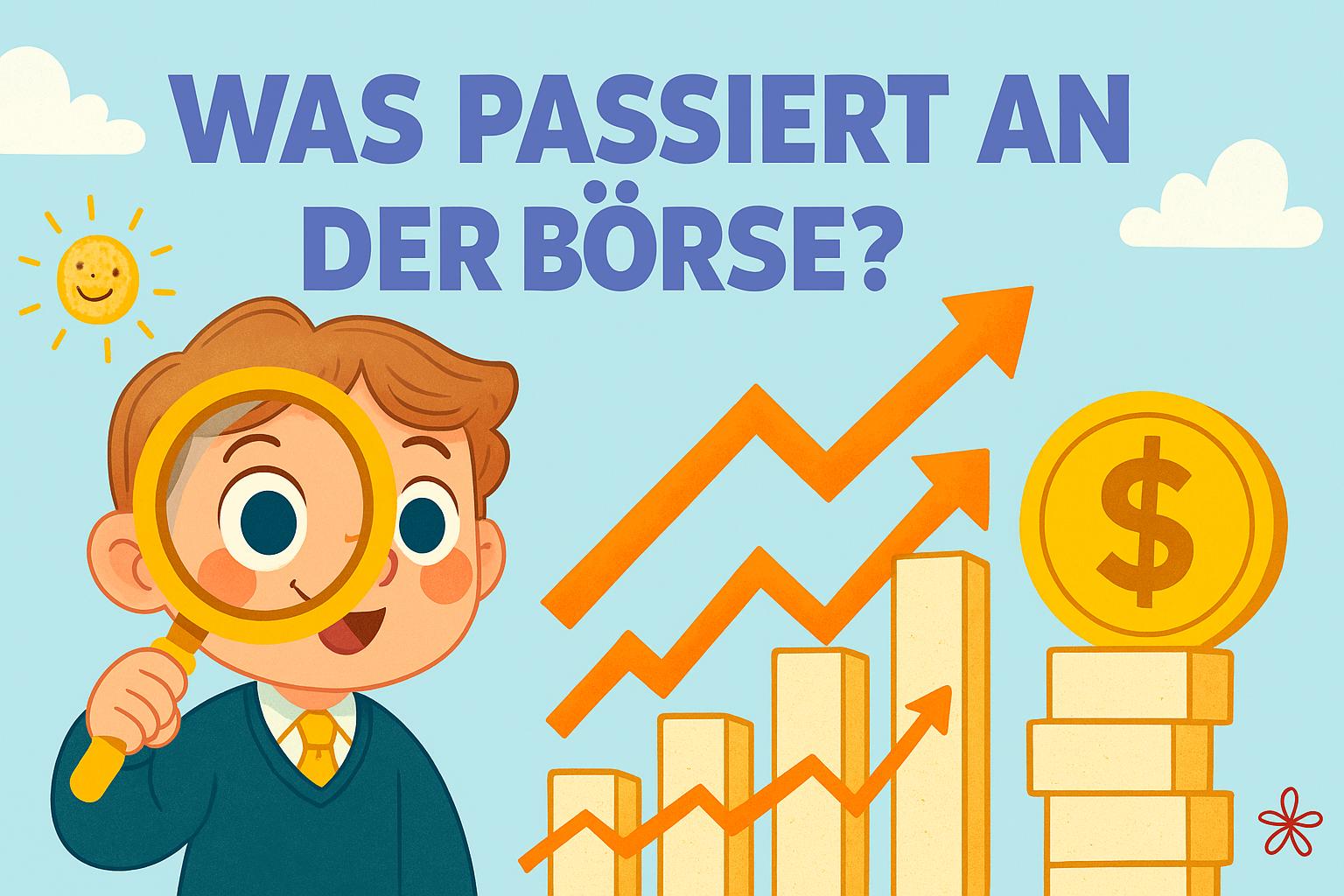 Bunte Kinderillustration zur Börse mit lachendem Mädchen im Anzug, Comic-Zahlen und fröhlichem Börsen-Chart – ideal für kindgerechte Finanzbildung.