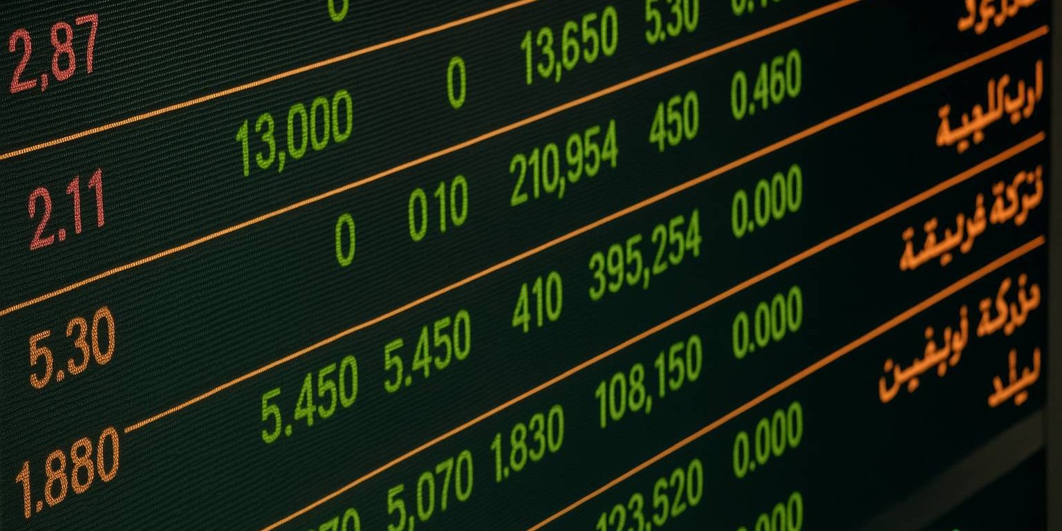 Digitale Anzeigetafel mit Börsendaten in arabischer Sprache. Grüne, rote und orange Zahlen und Schriftzeichen auf dunklem LED-Hintergrund zeigen Kurse und Handelsvolumen verschiedener Finanzinstrumente. Die Darstellung wirkt technisch und datengetrieben.