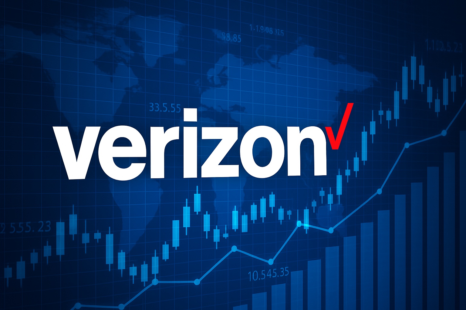 Verizon Logo vor einem blauen Hintergrund mit Börsencharts und Finanzdaten – symbolisiert Kursanstieg und starke Unternehmenszahlen.