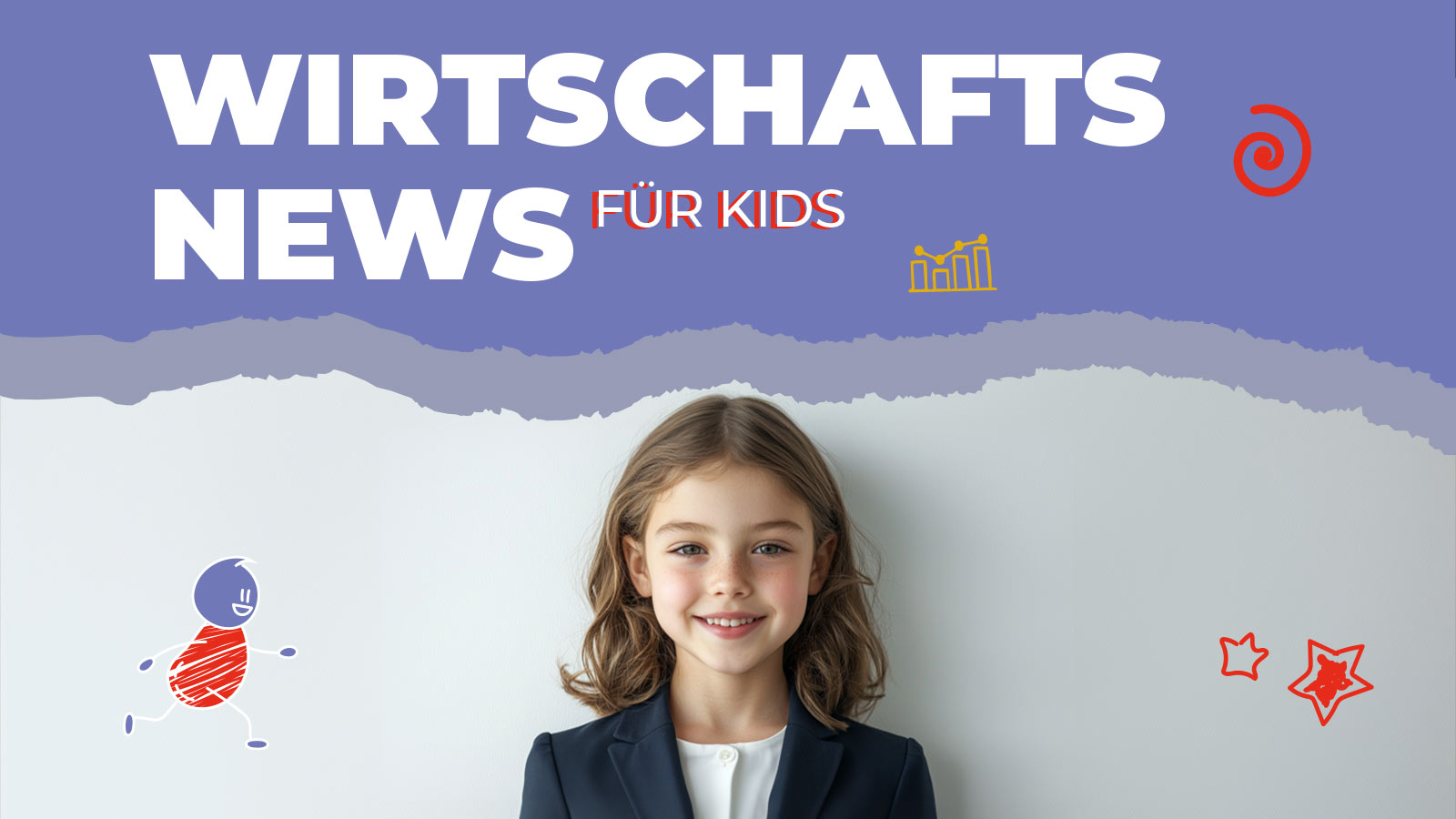 Warum Schwarzarbeit boomt Wirtschaft für Kinder mit Spaß und Aha Ein junges Mädchen im Business-Outfit steht vor einer hellen Wand und lächelt freundlich. Über ihr steht in großen weißen Buchstaben „Wirtschafts News für Kids“. Die Wand ist mit kindlichen Zeichnungen verziert, darunter ein lachender Strichmännchen-Charakter, bunte Sterne und ein Balkendiagramm – ein verspieltes Bild zur kindgerechten Wissensvermittlung über Wirtschaft.