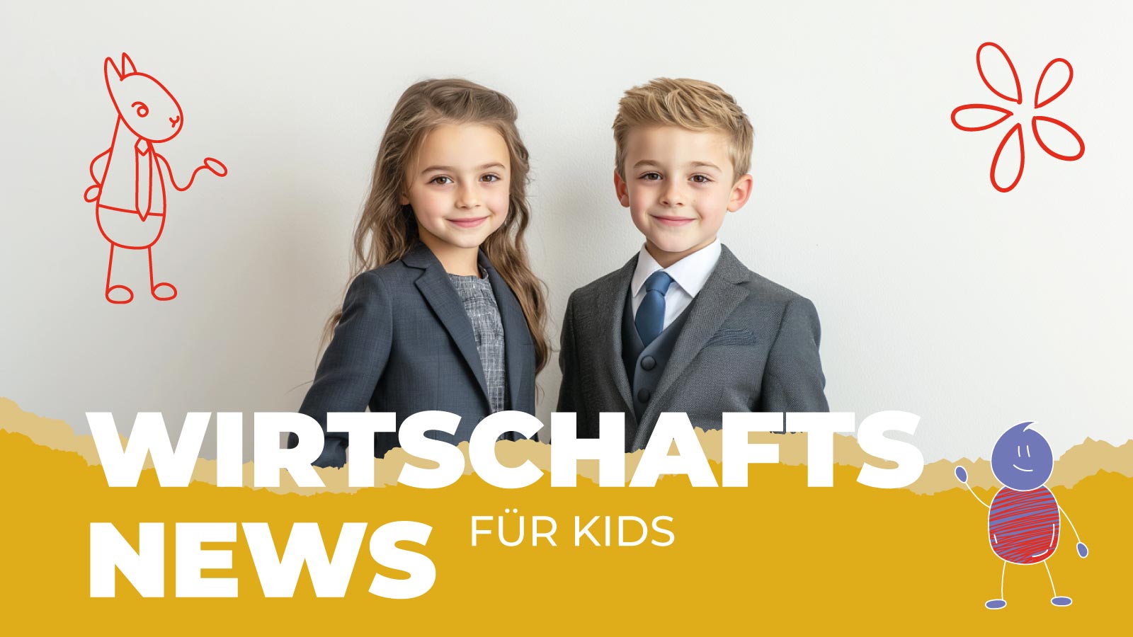 Zwei Kinder in schicken Business-Outfits stehen nebeneinander und lächeln selbstbewusst. Um sie herum bunte Kritzeleien: ein gezeichneter Anzug-Lama, eine Comic-Blume und eine Figur mit Kugelkörper. Darunter der Schriftzug: „Wirtschafts-News für Kids“. Das Bild begleitet kindgerechte Inhalte zur aktuellen Wirtschaft in China.