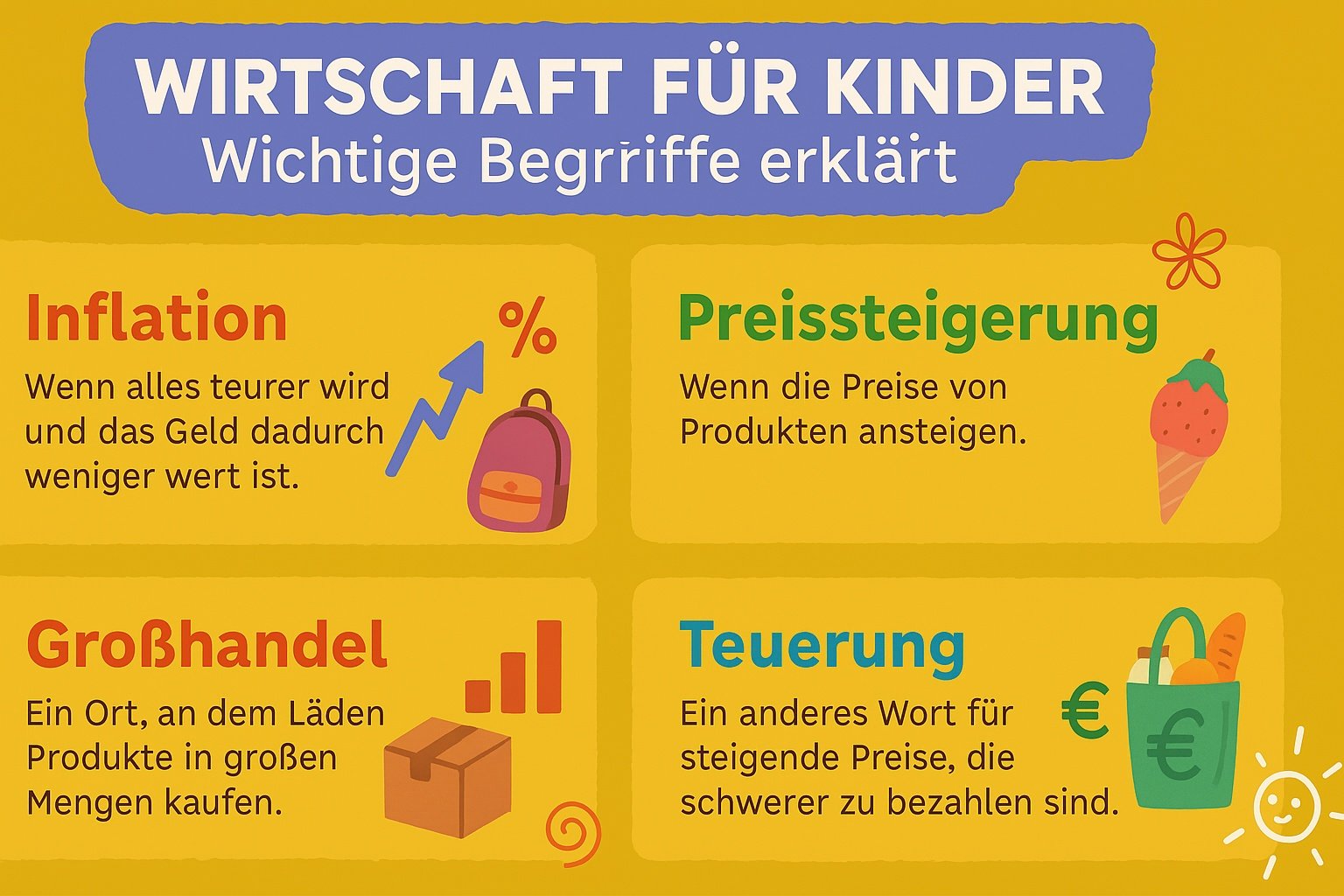 Wissensplakat für Kinder mit bunten Erklärungen zu Inflation, Preissteigerung, Großhandel und Teuerung. Kindgerechte Icons und einfache Definitionen.