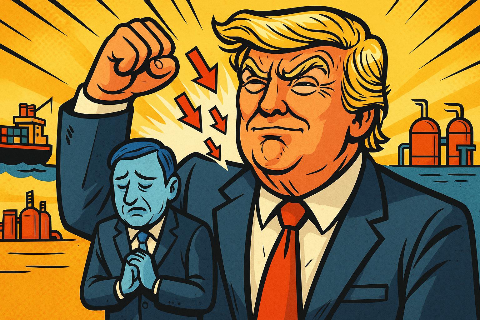 Comicartige Illustration eines Politikers mit erhobener Handgeste vor abstraktem Hintergrund. Das Bild ist im bunten Cartoon-Stil gehalten und zeigt übertriebene Gesichtszüge und eine dynamische Körperhaltung. Der Ausdruck wirkt entschlossen und dominant – typische Darstellung einer politischen Karikatur.